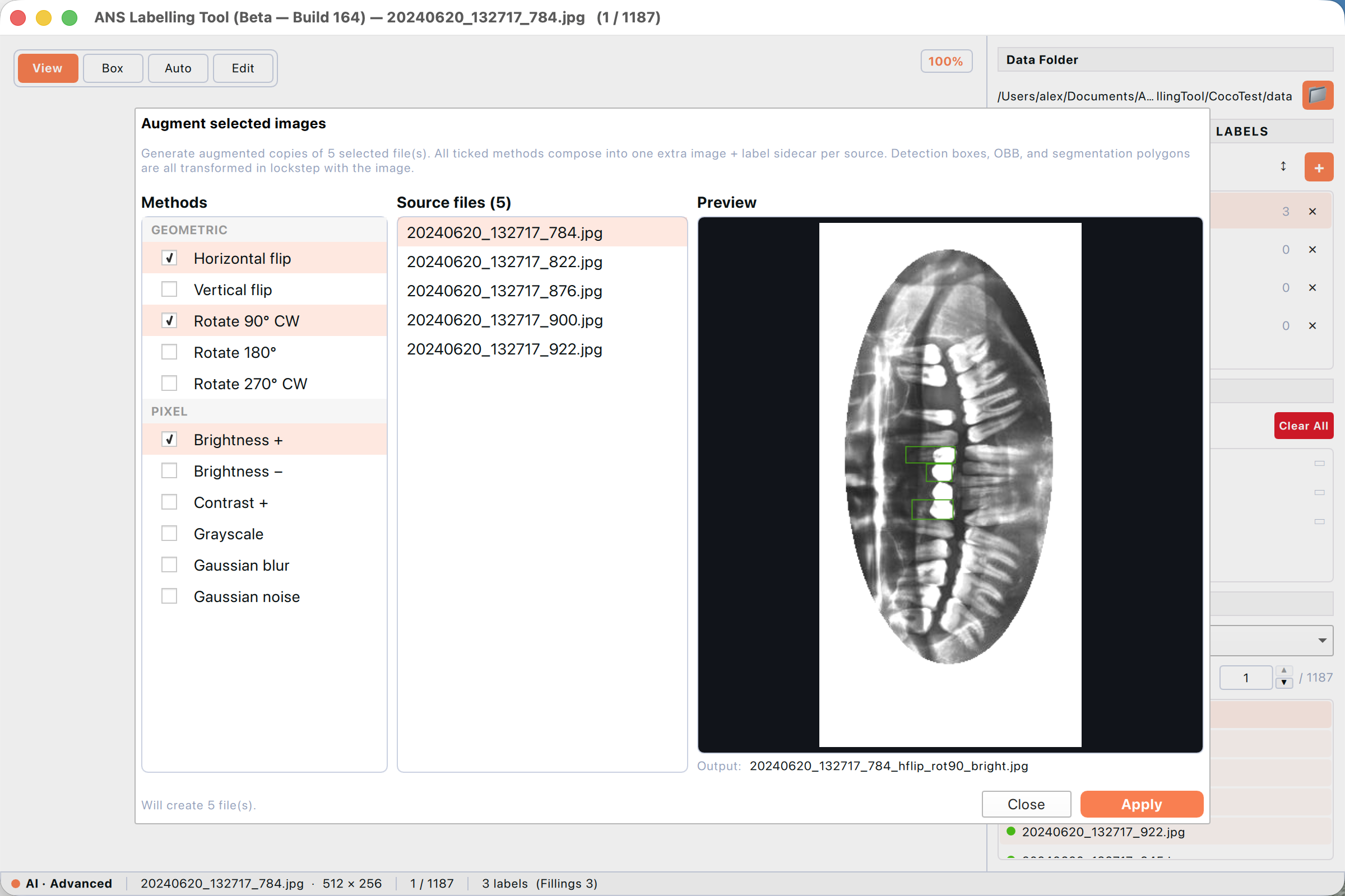 Three methods ticked — Horizontal flip + Rotate 90° CW + Brightness +. The preview shows the composed result; the Output filename reads “…_hflip_rot90_bright.jpg”. Status at the bottom-left reports how many files will be created.